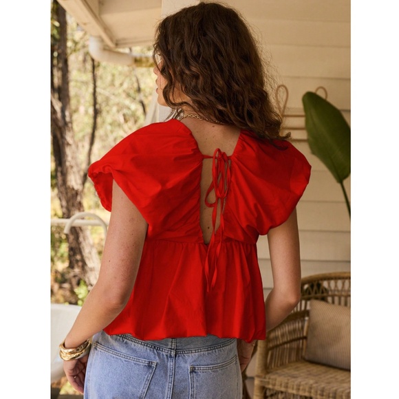 Red Puff Top V-Neck Short Sleeve Tie Back Babydoll Style - Picture 2 of 8